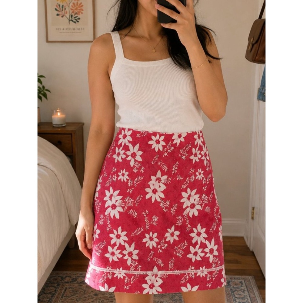 Christopher & Banks Floral Skirt 12 Red White Cotton Stretch A-Line Cottagecore